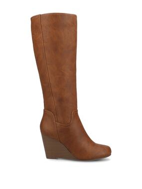 A/R Brown Wedge Knee High Boot Zip Round Toe Man Made Women's Size 8